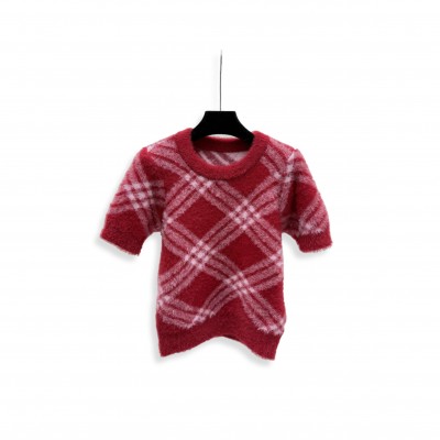 BURBERRY DIAMOND-PATTERNED ROUND NECK KNIT SHORT-SLEEVED TOP 